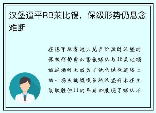 汉堡逼平RB莱比锡，保级形势仍悬念难断